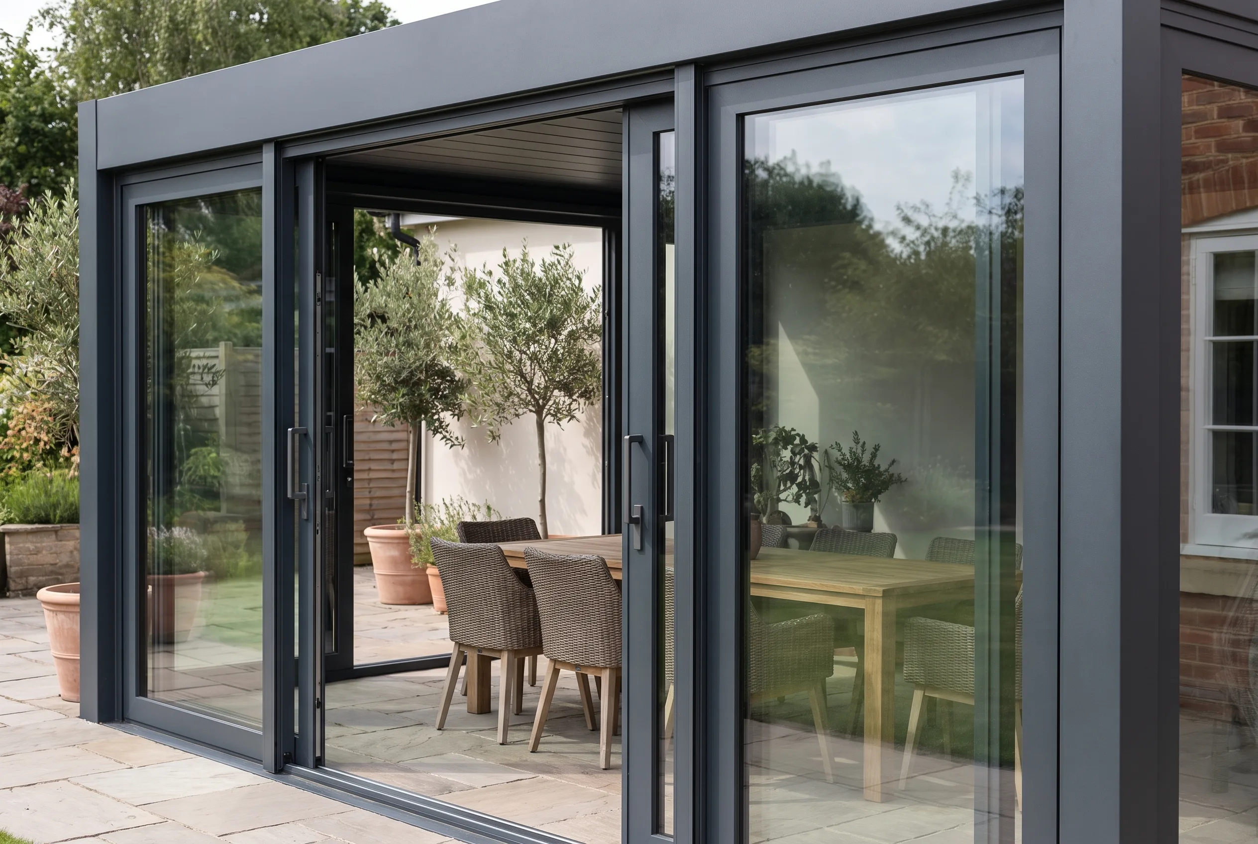 Glazenschuifwand met slanke aluminium profielen, deels open