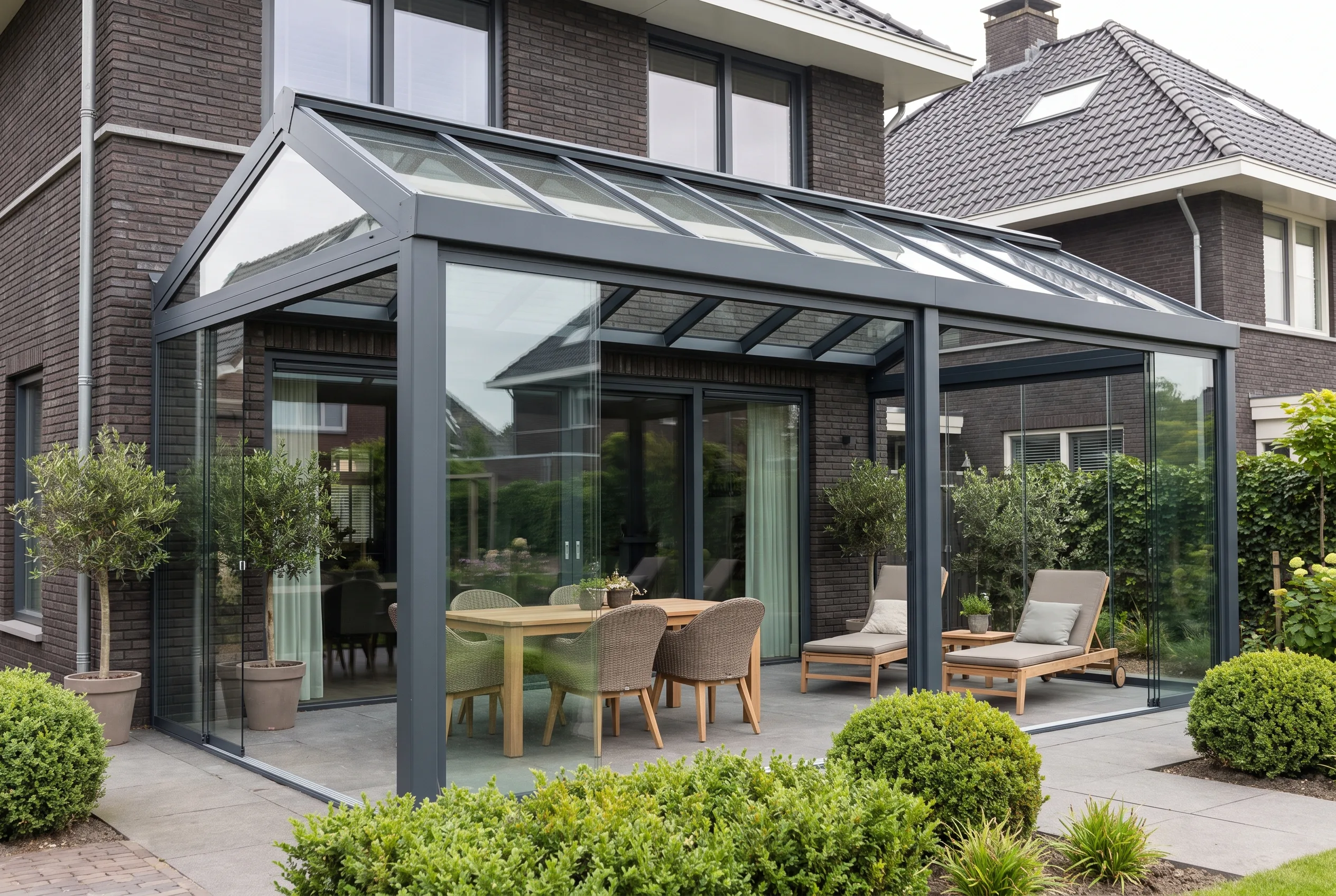 Complete aluminium veranda met glazenschuifwanden aan een woning