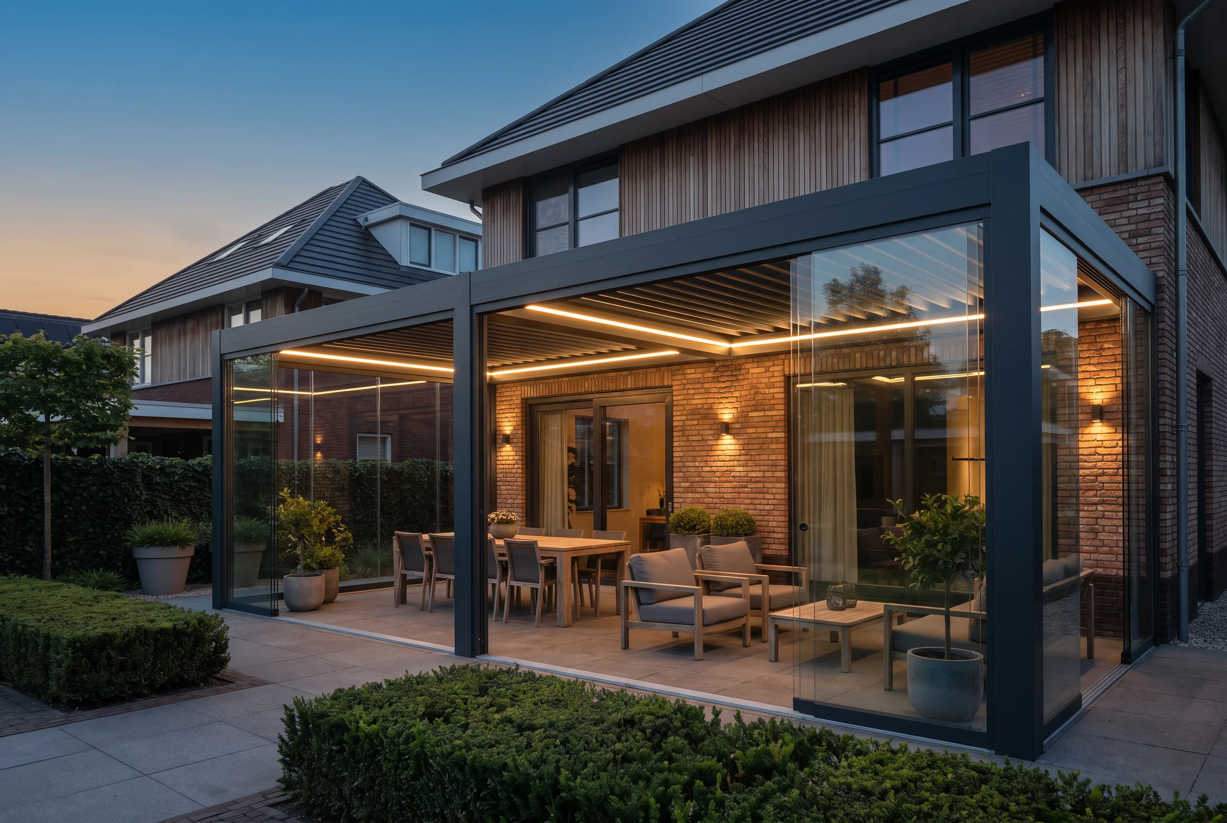 Aluminium veranda-uitbouw met eet- en zithoek in de schemering