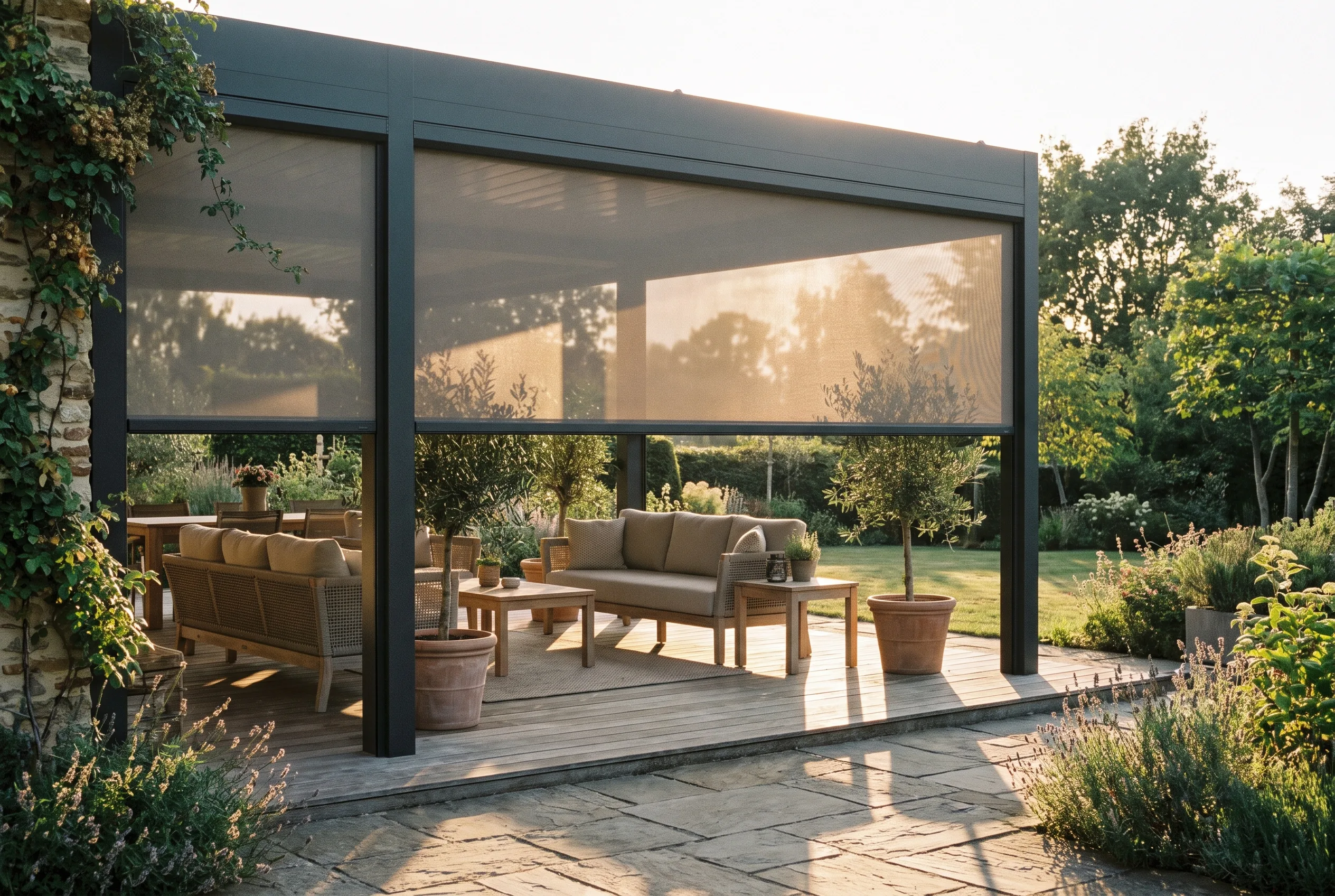 Veranda met een strak plat dak en loungehoek bij zonsondergang