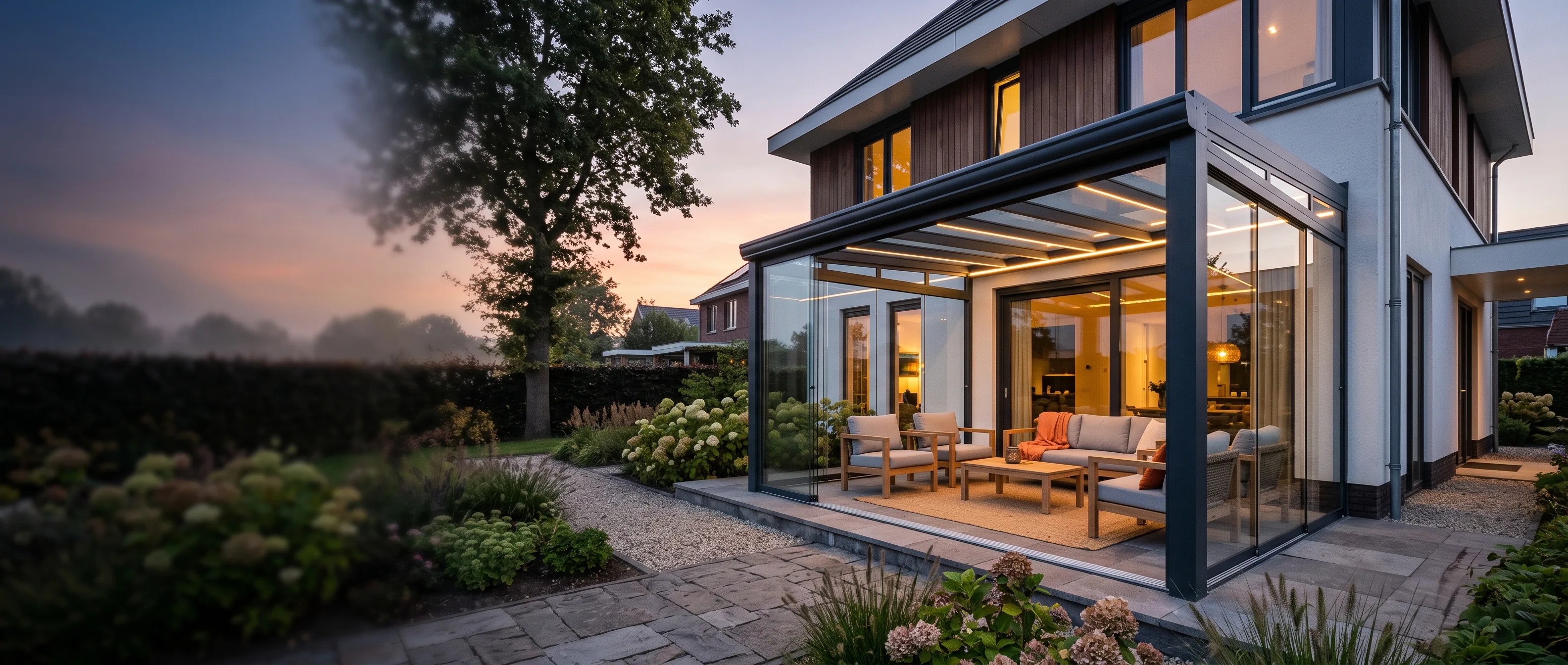 Luxe aluminium veranda van VerandaZeker aan een Nederlandse woning in de avond