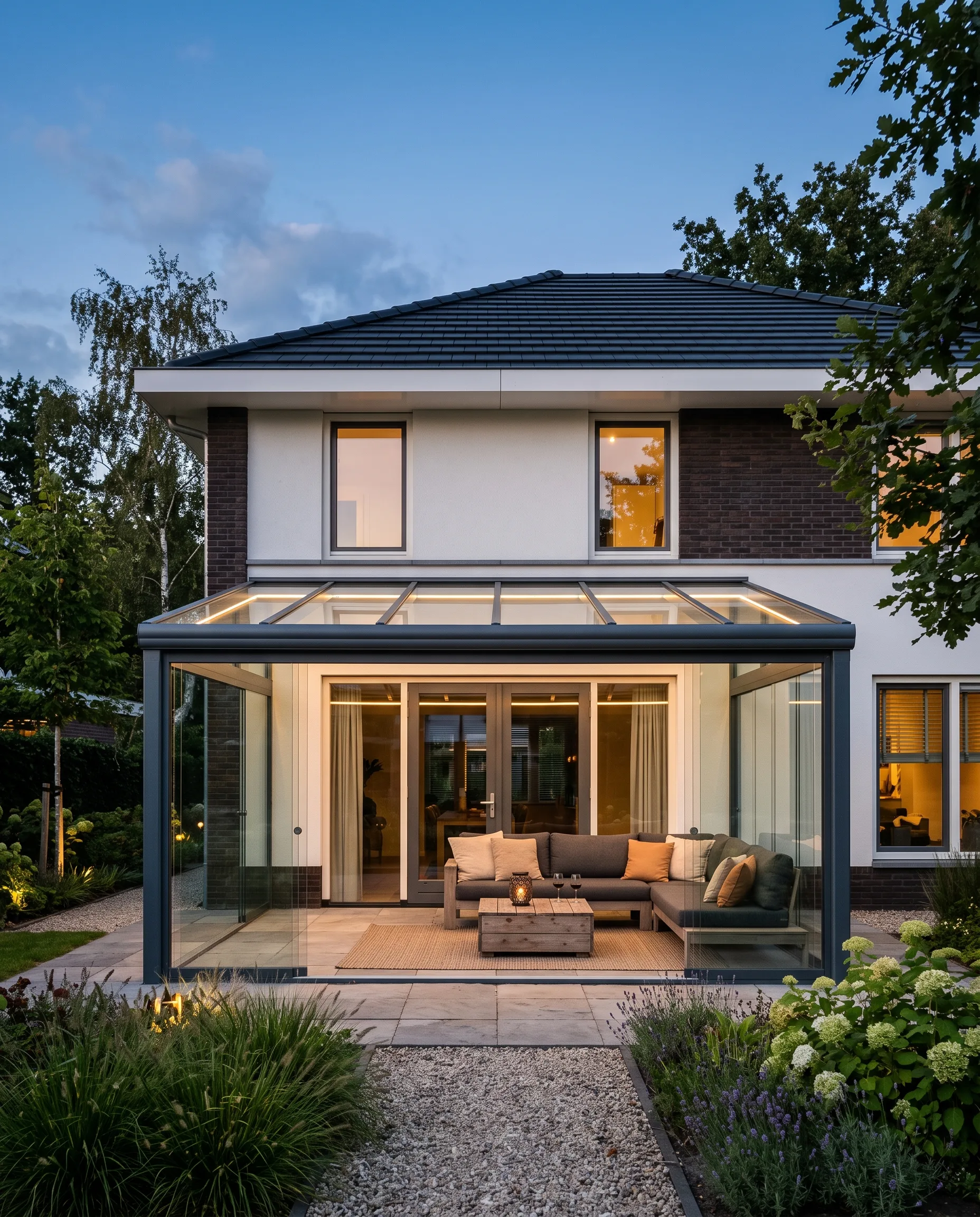 Luxe aluminium veranda van VerandaZeker aan een Nederlandse woning in de avond