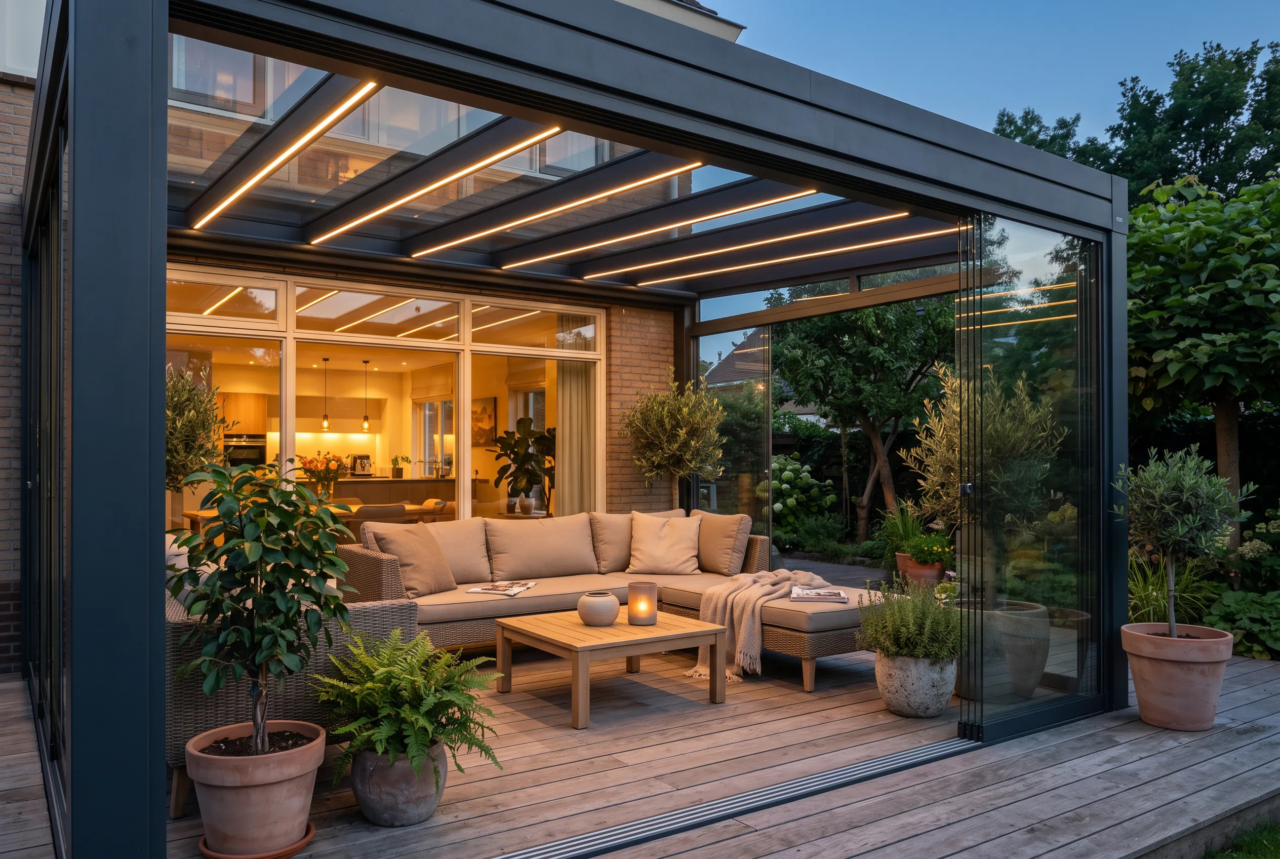 Veranda met loungehoek en sfeerverlichting in de avond