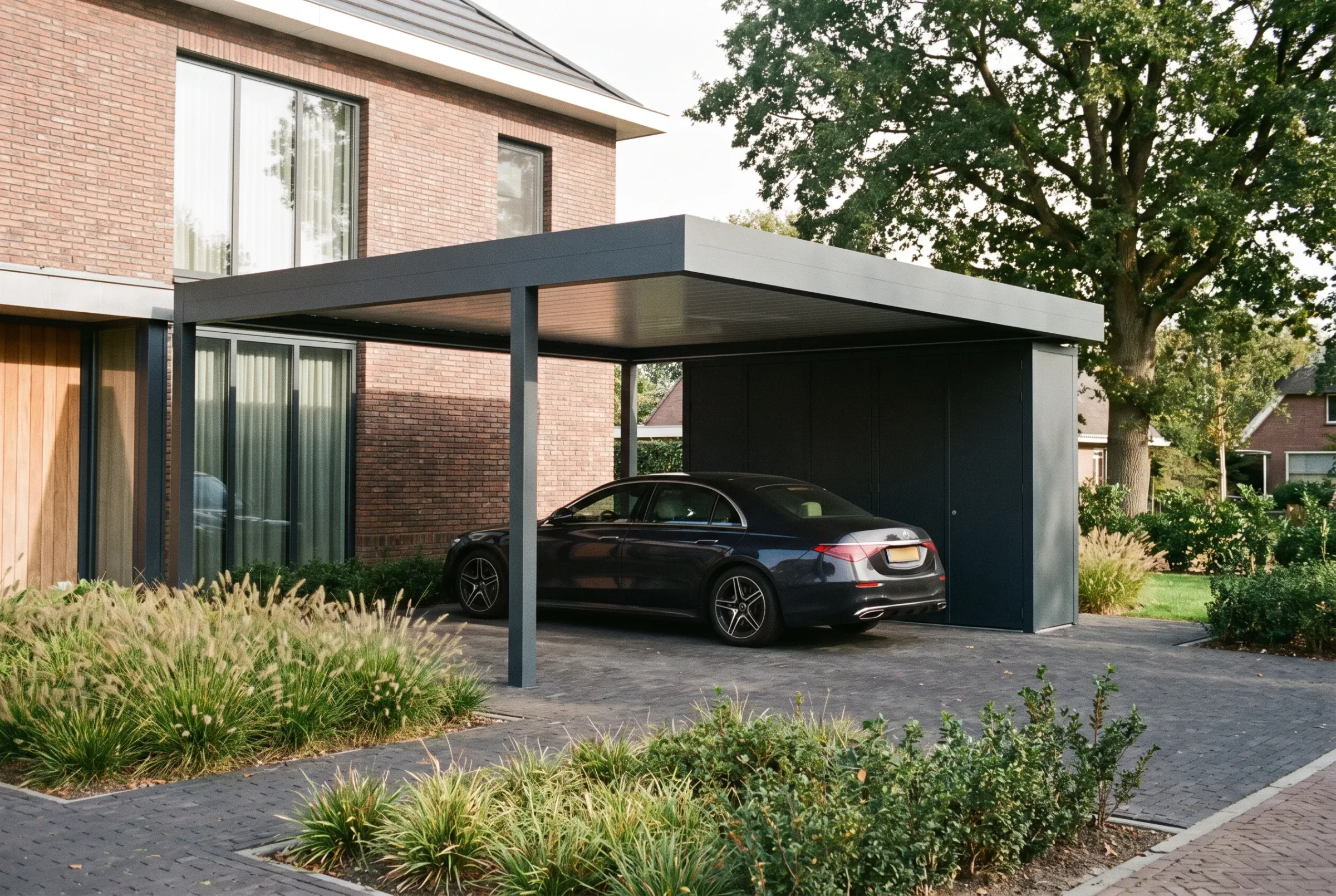 Modern aluminium carport naast een woning