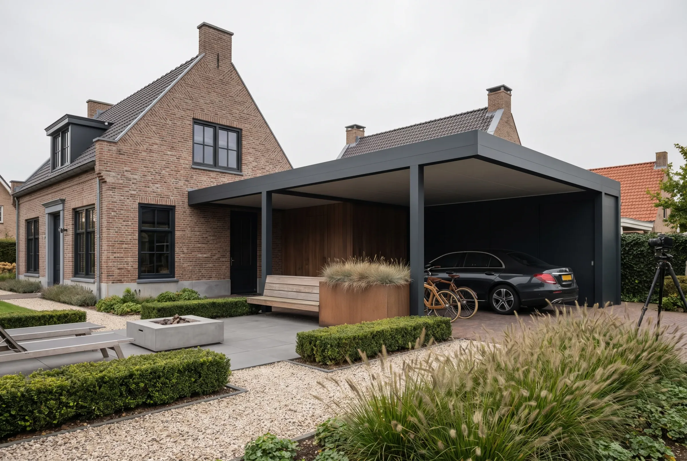 Modern carport in antraciet aluminium naast een woning
